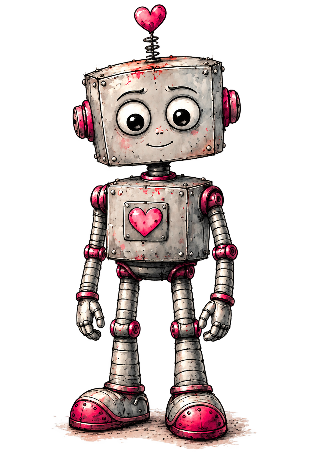 Ein müde wirkender AndersPerfekt-Robot mit einem pinken Herz
